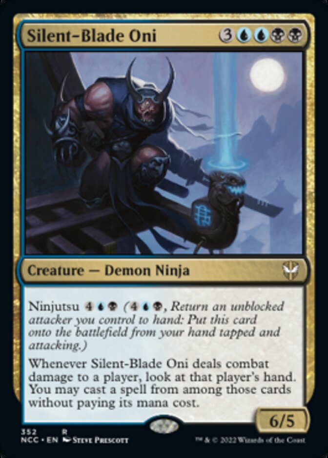 Silent-Blade Oni
 Ninjutsu {4}{U}{B} ({4}{U}{B}, Return an unblocked attacker you control to hand: Put this card onto the battlefield from your hand tapped and attacking.)
Whenever Silent-Blade Oni deals combat damage to a player, look at that player's hand. You may cast a spell from among those cards without paying its mana cost.